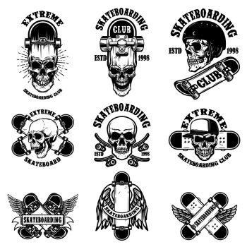 Set of skateboarding club emblems with skulls. Design element for poster, logo, sign, label, t shirt. Vector illustration