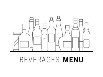 Alcohol drinks collection. Beverages menu with bottles of alcoholic drinks.. Alcoholic Beverages