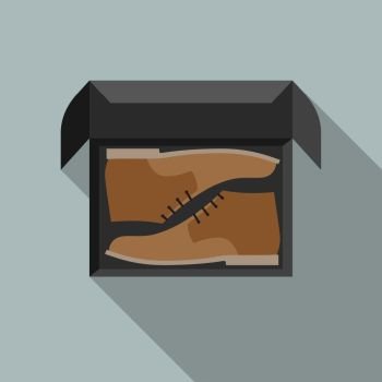 Men shoes in box. Simple flat style illustration with brown shoes into the box. Shoes in box
