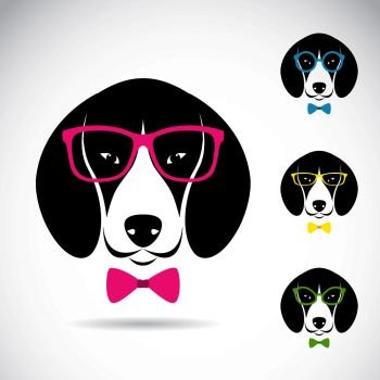 Vector images of dog beagle wearing glasses on white background.