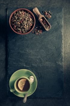 cup of tea and slate background