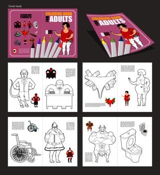 Adult coloring book. humor drawing major coloring. Prostitute in linear style. Satan is devil of hell. Angry boss screaming. Shit rainbow unicorn. Money in thong stripper. Steroid cow. WC toilet and turd. Santa Claus fuck