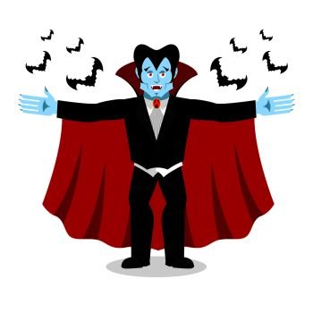 Happy Dracula in red mantle. Good cheerful vampire. ghoul and bats
