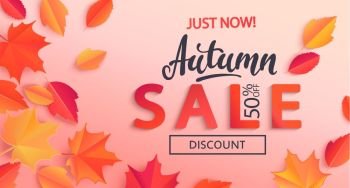 Autumn sale banner with half price discount surrounded by colorful autumn leaves for fall season shopping promotion. Vector illustration.. Autumn sale banner with half price discount.