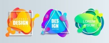 Set of liquid gradient color abstract geometric shapes.Modern banner with fluid design.Circle, triangle and square frames with wavy brighr splashes.Ready template for web, print, covers, design, logo.. Set of liquid gradient color geometric shapes.