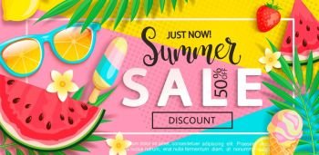 Summer sale banner with symbols for summertime such as ice cream, watermelon,strawberries,sunglasses.Vector illustration of discount template card, wallpaper, flyer,invitation, poster,brochure,voucher. Summer sale banner with summer symbols.