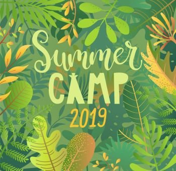 Summer camp 2019 lettering on jungle background with tropical leaves. Interesting adventure in jungle or forest, educational camping to making scouts. Outdoor recreation for kids. Vector illustration.. Summer camp 2019 lettering on jungle background.