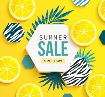 Summer sale banner with lemon, tropical leaves and hexagons with animal zebra print. Bright tasty poster, flyer with invitation for shopping. Template offer of big discounts deals in stores.Vector. Summer sale banner,sea, sun in a simplified style.
