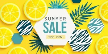 Summer sale horizontal banner with fresh lemon, tropical leaves and hexagons with animal zebra print. Bright tasty poster, flyer with invitation for shopping. Template offer of discounts deals.Vector. Summer sale horizontal banner, bright invitation.