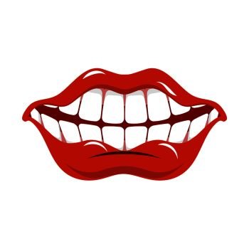 Cheerful smile. Red lips and white teeth. Open mouth
