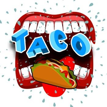 Taco acute Mexican food. Open your mouth and protruding tongue.
