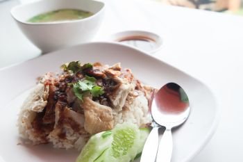 Steam chicken with rice or Hainanese chicken rice. Close up shot