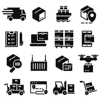 Vector black delivery icons set on white background. Vector black delivery icons set