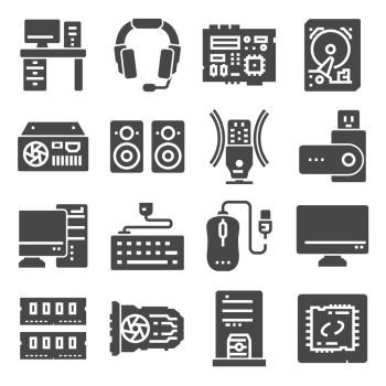 Computer Components Related Vector Icons. Contains such Icons as CPU, RAM, Power Adapter, Cables and more. Computer Components Related Vector Icons Set Illustrations