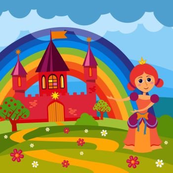 Cartoon princess and fairytale castle with landscape vector illustration. Fairytale kingdom with architecture drawing medieval castle. Cartoon princess and fairytale castle with landscape vector illustration