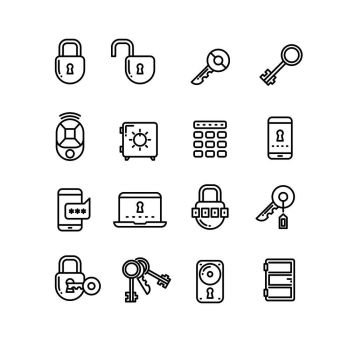 Key, lock, padlock, safe, door, security thin line vector icons. Collection of linear security icons, illustration of lock and code for security. Key, lock, padlock, safe, door, security thin line vector icons