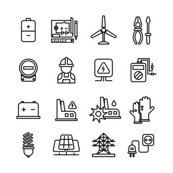 Electricity industry, electrical engineering vector line icons. Energy power electrical industry, building electrical station illustration. Electricity industry, electrical engineering vector line icons