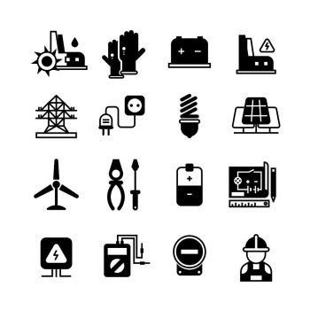 Electric power plant, electricity, electronic tools vector icons. Electric industrial signs set, illustration of black electric transformer silhouette. Electric power plant, electricity, electronic tools vector icons