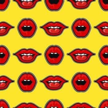 Bright lips patch vector seamless pattern. Cartoon lips girl illustration. Bright lips patch vector seamless pattern