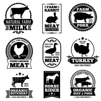 Farm animal vintage meat, butcher shop vector logos, badges, labels. Logo brand organic meat beef and pork, illustration of butchery logo with black silhouette animals. Farm animal vintage meat, butcher shop vector logos, badges, labels