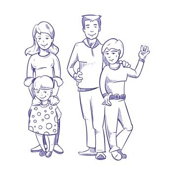 Happy family with young children hand drawn, doodle vector illustration. Sketch drawing family isolated on white background, young family with son and daughter. Happy family with young children hand drawn, doodle vector illustration