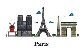 Modern france travel line landmark, paris panorama vector illustration. French eiffel tower, famous place notre dame and french triumphal arc. Modern france travel line landmark, paris panorama vector illustration