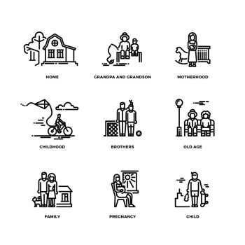 Family and parents, marriage and motherhood thin line vector icons set. Love and family illustration of family values. Family and parents, marriage and motherhood thin line vector icons set