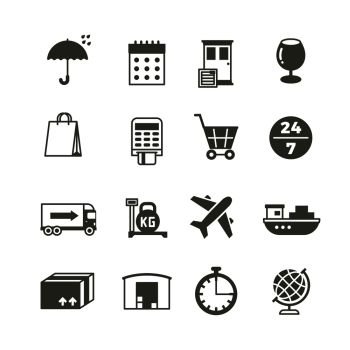 Global delivery, shipping truck and package vector icons. Delivery and distribution, storehouse and cargo lorry, delivery and logistic service illustration. Global delivery, shipping truck and package vector icons