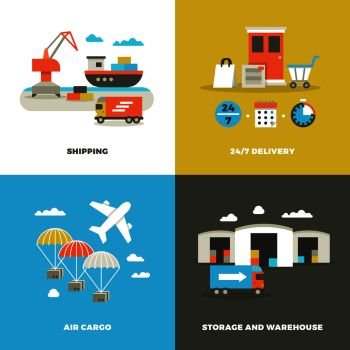 Worldwide shipping logistics and industrial warehouse. Picking technology and on time delivery vector concepts. Shipping and air cargo, illustration of delivery service banner. Worldwide shipping logistics and industrial warehouse. Picking technology and on time delivery vector concepts