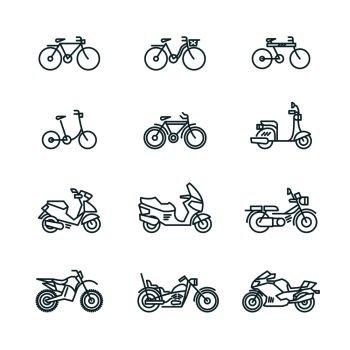 Motorbike, motorcycle, scooter, bike, bicycle thin line vector icons. Linear motorbike and bicycle, illustration of scooter and motor bike. Motorbike, motorcycle, scooter, bike, bicycle thin line vector icons