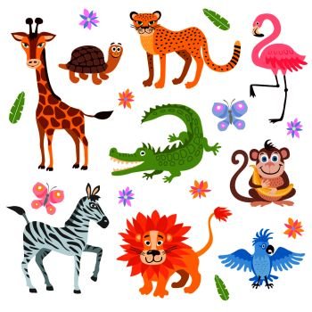 Cute jungle and safari animals vector set for kids book. Cartoon jungle animal, illustration of safari animals. Cute jungle and safari animals vector set for kids book