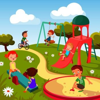 Cute children at playground. Happy children playing in summer park vector background. Kindergarten with boy and girl, illustration of childhood in park. Cute children at playground. Happy children playing in summer park vector background