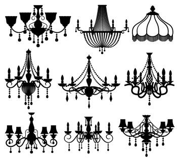 Classic crystal glass antique elegant chandeliers black vector silhouettes. Antique lamp for interior illustration. Classic crystal glass antique elegant chandeliers black vector silhouettes