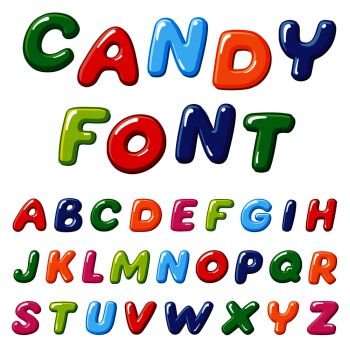 Cartoon candy kids vector font. Rainbow funny alphabet for childrens education. Cartoon candy kids vector font. Rainbow funny alphabet