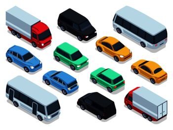 Isometric vehicles and cars for 3d city traffic map. Vector urban transport set. Transport car isometric, auto car 3d style illustration. Isometric vehicles and cars for 3d city traffic map. Vector urban transport set