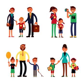 Kids and parents in happy family. Mom, dad and children vector flat characters set. Happy family man woman with boy and girl illustration. Kids and parents in happy family. Mom, dad and children vector flat characters set