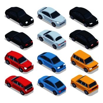 Isometric 3d cars. Transportation technology vector vehicles set. Isometric vehicle transport, illustration of colored cars. Isometric 3d cars. Transportation technology vector vehicles set