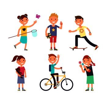 Playing children with toys. Happy kids in playground vector set. Play happy child, cartoon character boy illustration. Playing children with toys. Happy kids in playground vector set