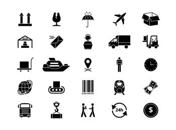 Shipping, delivery and logistics vector icons. Retail and transportation pictograms. Logistic and delivery transport service, vector illustration. Shipping, delivery and logistics vector icons. Retail and transportation pictograms