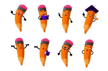 Cartoon clever pencil character vector set. Character happy pencil with face. Vector illustration. Cartoon clever pencil character vector set