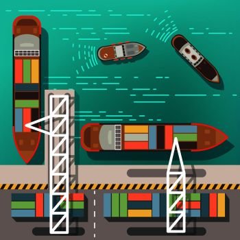 Sea dock or cargo seaport with floating ships and boats. Top view vector illustration. Sea ship and cargo transportation in port. Sea dock or cargo seaport with floating ships and boats. Top view vector illustration