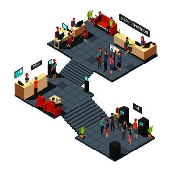 Commercial bank office 3d isometric interior with business people inside. Banking and finance vector concept. Finance bank room with atm illustration. Commercial bank office 3d isometric interior with business people inside. Banking and finance vector concept