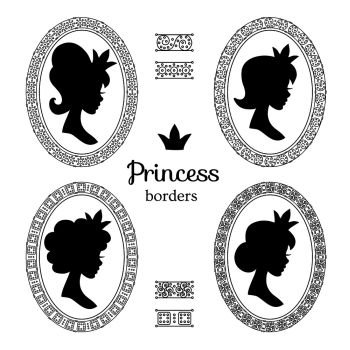 Medieval princess silhouette portraits in vintage victorian frames vector set. Princess profile black illustration. Medieval princess silhouette portraits in vintage victorian frames vector set