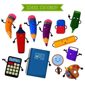 Cartoon 3d vector characters of school writing stationery. Calculator and notebook, marker cartoon character with face illustration. Cartoon 3d vector characters of school writing stationery