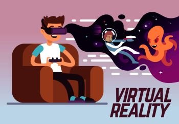 Boy with headset playing virtual 3d reality simulation game. Digital entertainment vector concept. Innovation play device, illustration of vr cyberspace. Boy with headset playing virtual 3d reality simulation game. Digital entertainment vector concept
