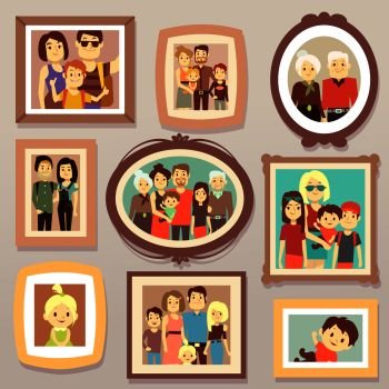 Big family smiling photo portraits in frames on wall vector illustration. Family portrait frame, mother and father, happy family. Big family smiling photo portraits in frames on wall vector illustration