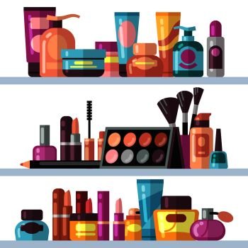 Cosmetic bottles on store shelves. Woman beauty and care vector concept. Care and beauty cosmetic cream product illustration. Cosmetic bottles on store shelves. Woman beauty and care vector concept