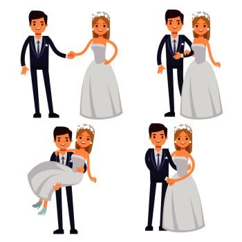 Cartoon wedding couple. Just married vector characters. Groom and bride love togetherness and happiness illustration. Cartoon wedding couple. Just married vector characters