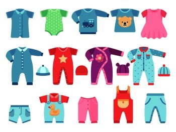 Boy and girl baby garments. Infant vector clothes. Clothing infant baby dress and suit illustration. Boy and girl baby garments. Infant vector clothes