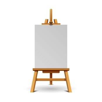 Wooden paint board with white empty paper frame. Art easel stand with canvas vector illustration. White blank board on wooden tripod. Wooden paint board with white empty paper frame. Art easel stand with canvas vector illustration